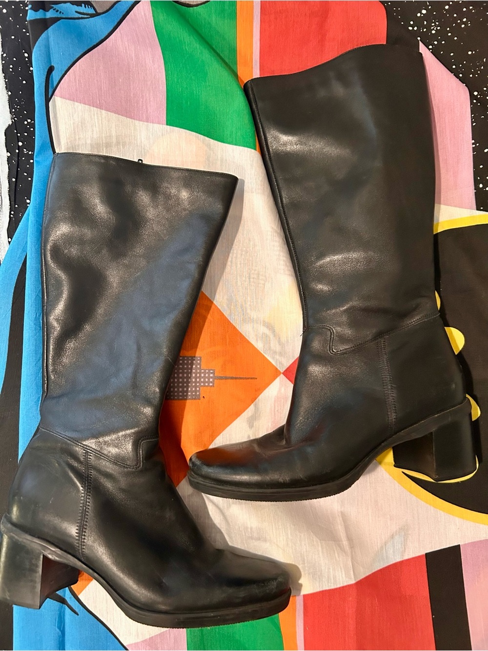 Black Leather Mid-Calf Women's Boots With Block Heel